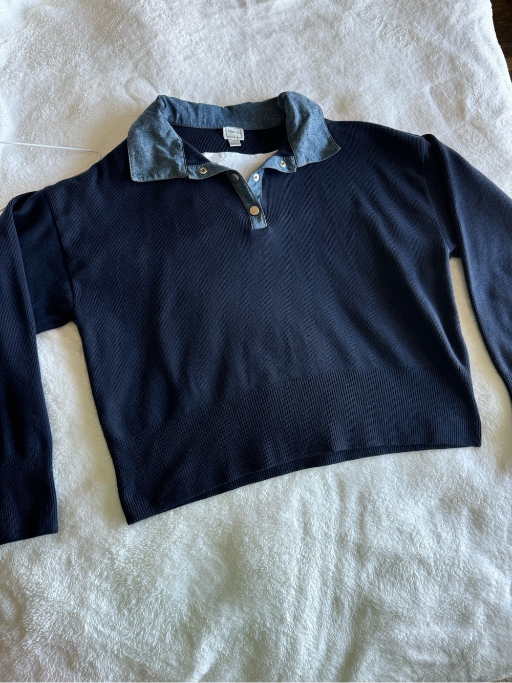 Maeve Navy Knit V-Neck Sweater with Chambray Collar
